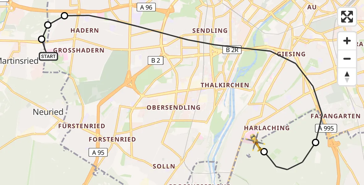 Flugroute Rettungshubschrauber DRF Air Rescue München Hubschrauberlandeplatz - ADAC Air Rescue Center Hubschrauberlandeplatz (Christoph 1), 24 Mai 2026, 20:15