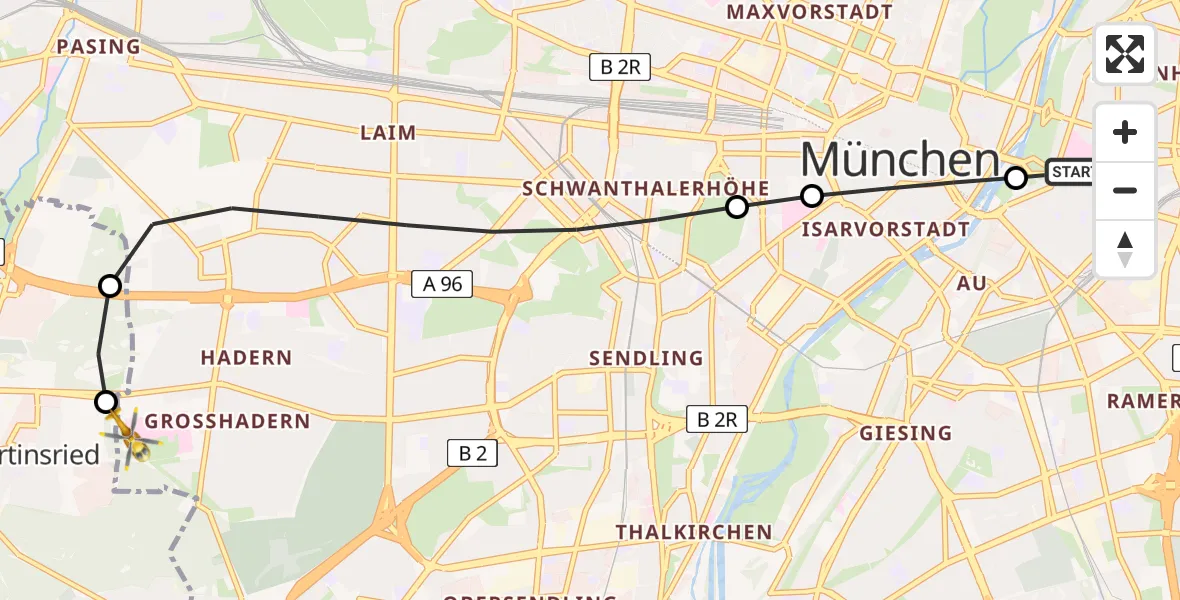 Flugroute Rettungshubschrauber Rechts der Isar University Hospital - DRF Air Rescue München Hubschrauberlandeplatz, 24 Mai 2026, 20:29