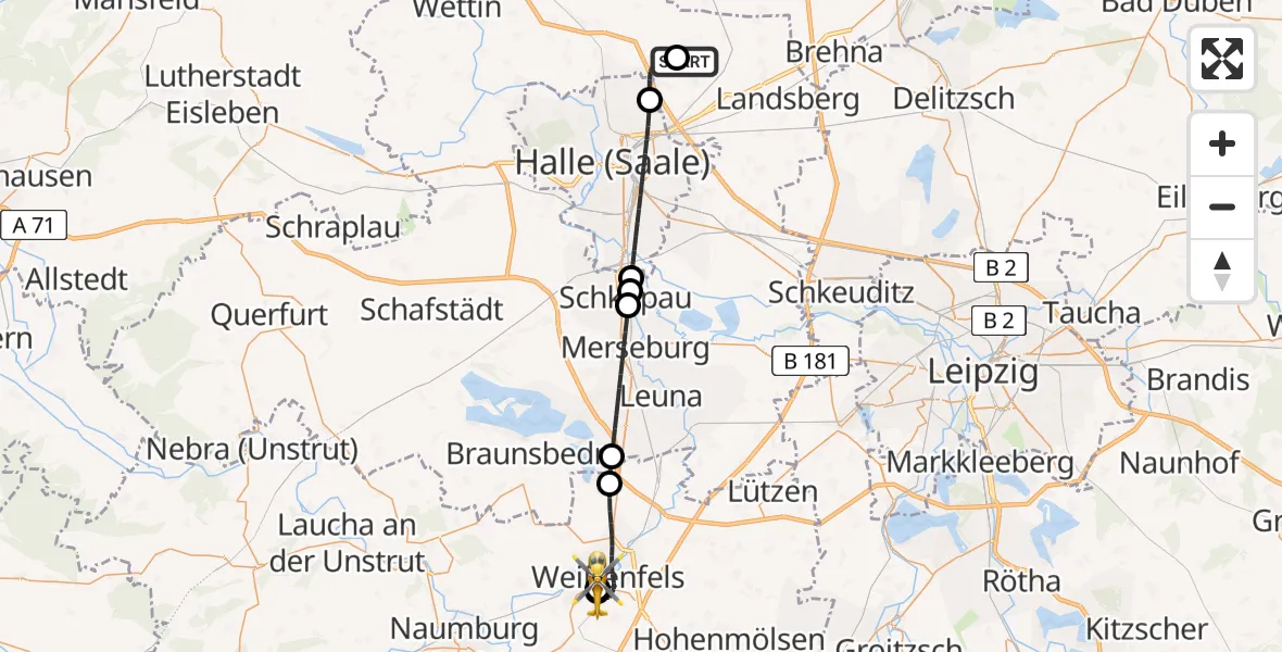 Flugroute Rettungshubschrauber Halle-Oppin Flugplatz - Asklepios Clinic Weißenfels, 24 Mai 2026, 20:32