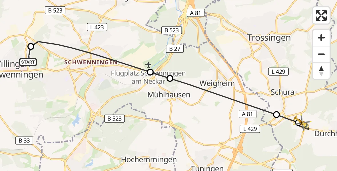 Flugroute Ambulanzhubschrauber DRF Air Rescue Station Villingen-Schwenningen Hubschrauberlandeplatz (Christoph 11) - Durchhausen, 24 Mai 2026, 21:17