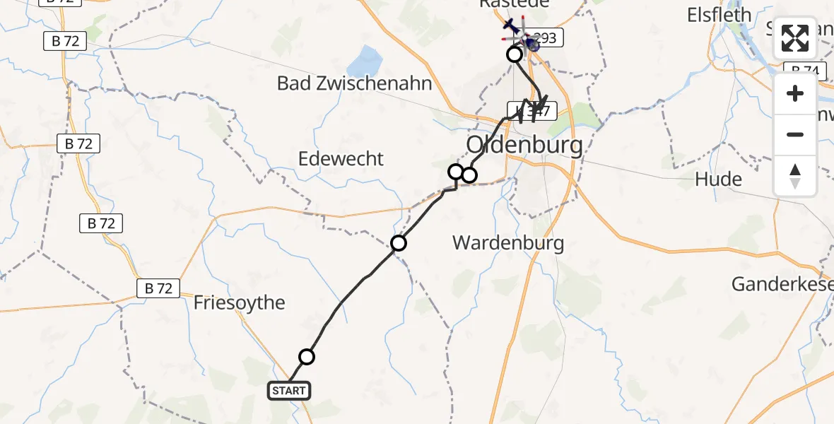 Flugroute Polizeihubschrauber Friesoythe - Rastede, 24 Mai 2026, 21:30