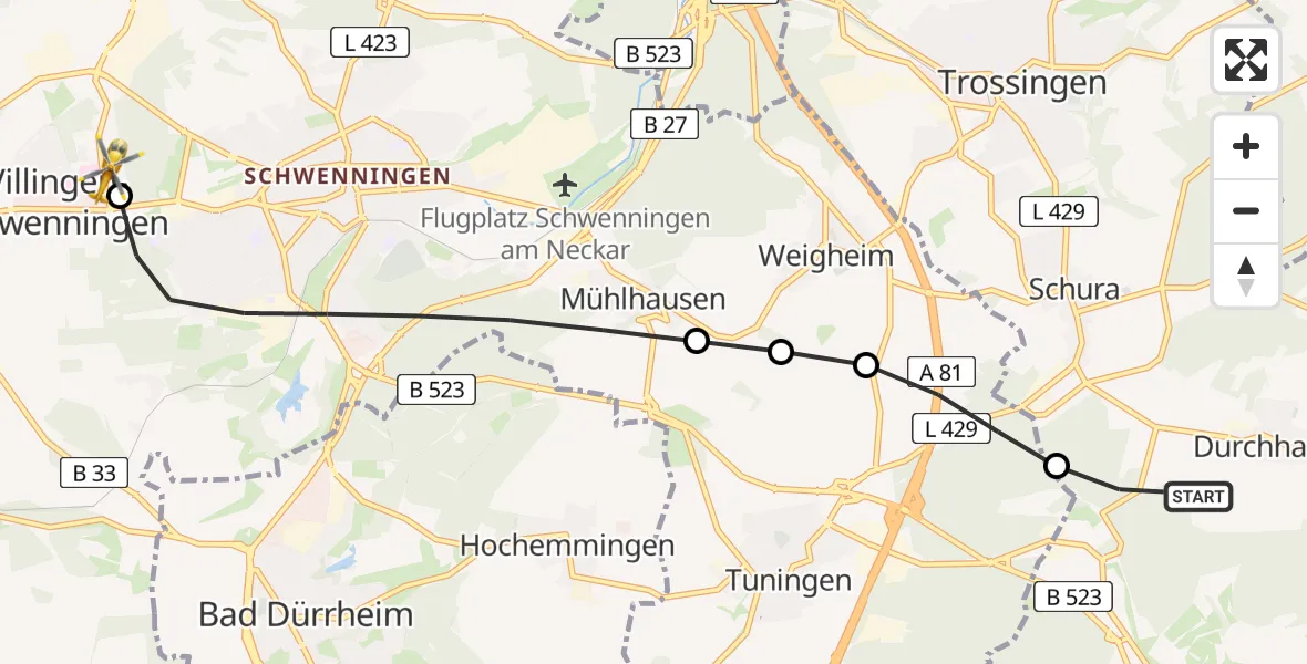 Flugroute Ambulanzhubschrauber Durchhausen - DRF Air Rescue Station Villingen-Schwenningen Hubschrauberlandeplatz (Christoph 11), 24 Mai 2026, 21:48