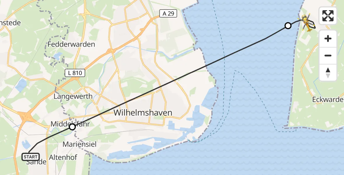 Flugroute Rettungshubschrauber Sande - Butjadingen, 24 Mai 2026, 22:29