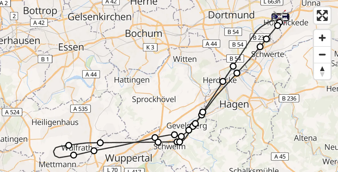 Flugroute Polizeihubschrauber Dortmund Flughafen - Dortmund Flughafen, 24 Mai 2026, 22:42