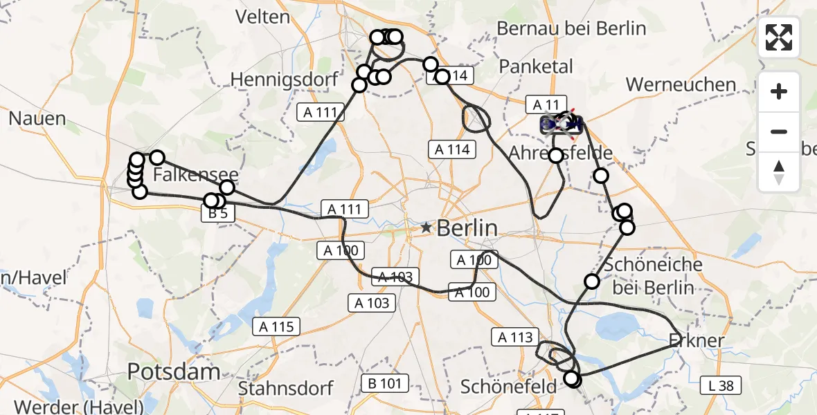 Flugroute Polizeihubschrauber Ahrensfelde Hubschrauberlandeplatz - Ahrensfelde Hubschrauberlandeplatz, 24 Mai 2026, 22:52