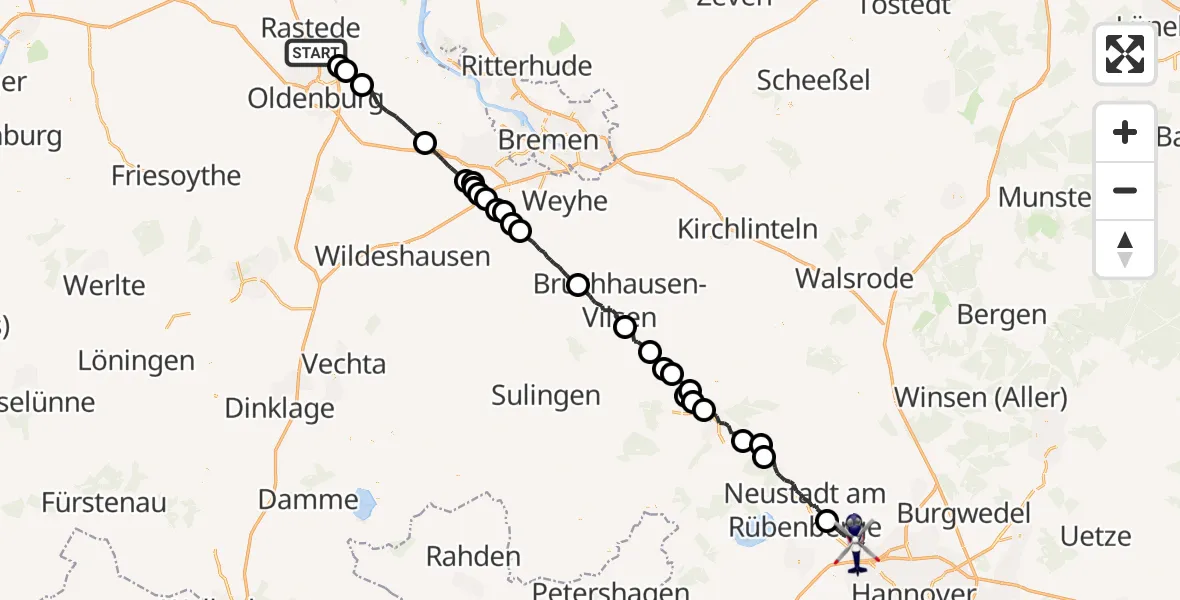 Flugroute Polizeihubschrauber Rastede - Garbsen, 24 Mai 2026, 23:29