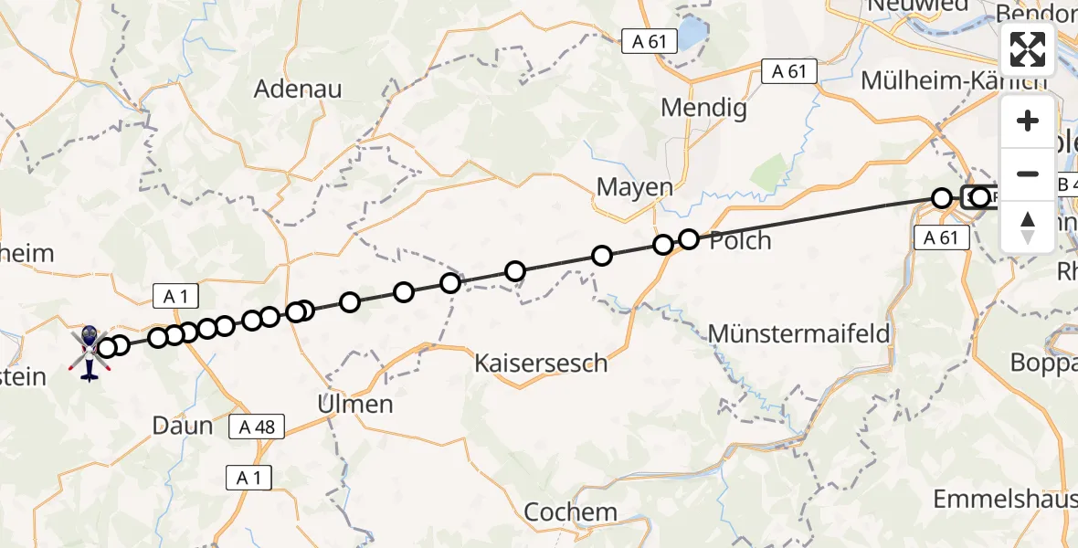 Flugroute Polizeihubschrauber Koblenz-Winningen Flugplatz - Hinterweiler, 24 Mai 2026, 23:53