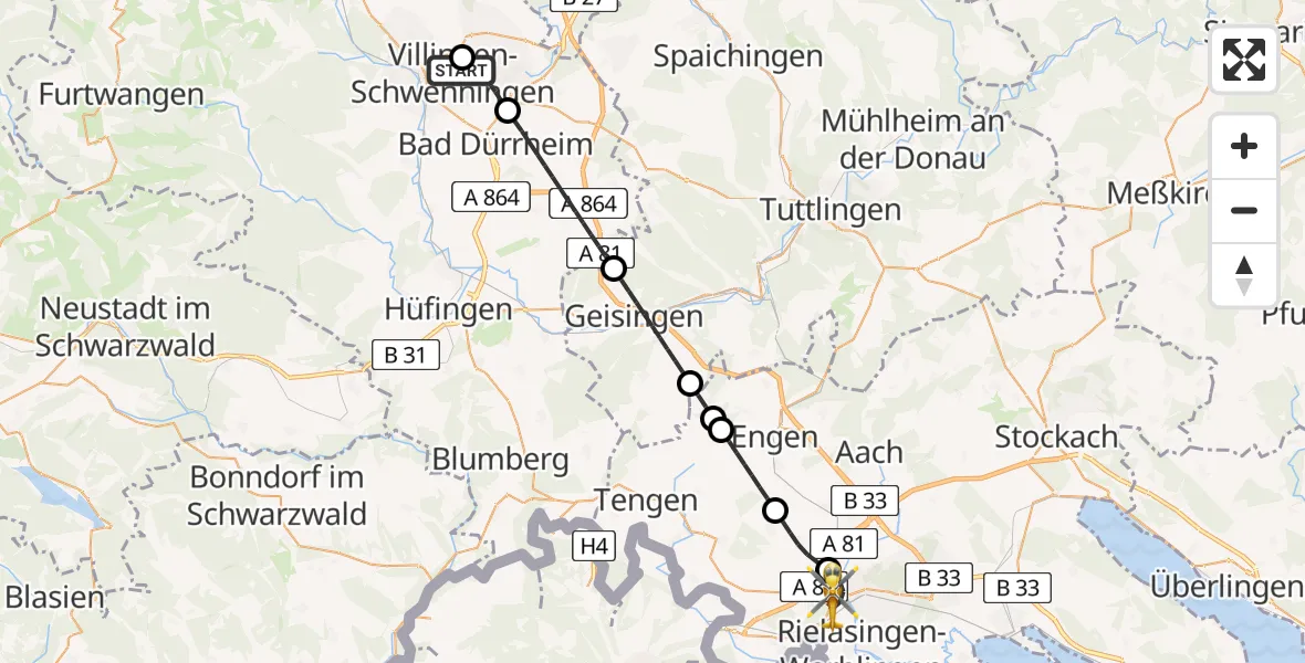 Flugroute Ambulanzhubschrauber DRF Air Rescue Station Villingen-Schwenningen Hubschrauberlandeplatz (Christoph 11) - Singen (Hohentwiel), 25 Mai 2026, 00:03