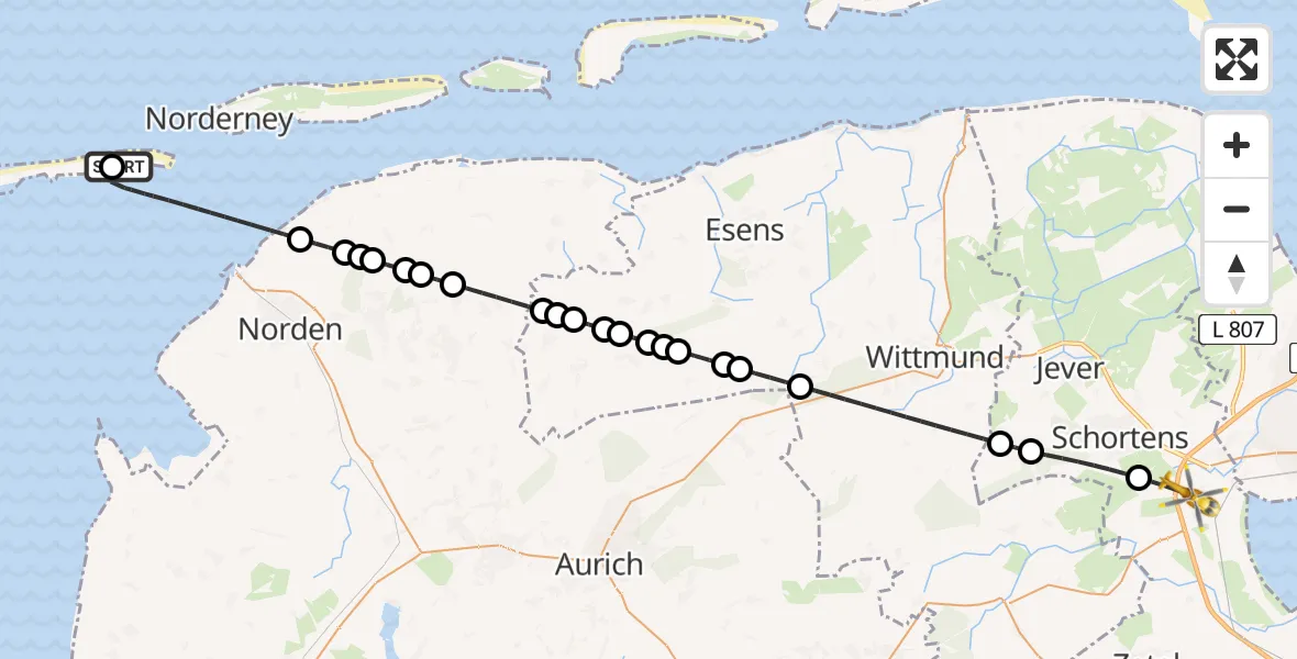 Flugroute Rettungshubschrauber Juist Flughafen - Sande, 25 Mai 2026, 00:19