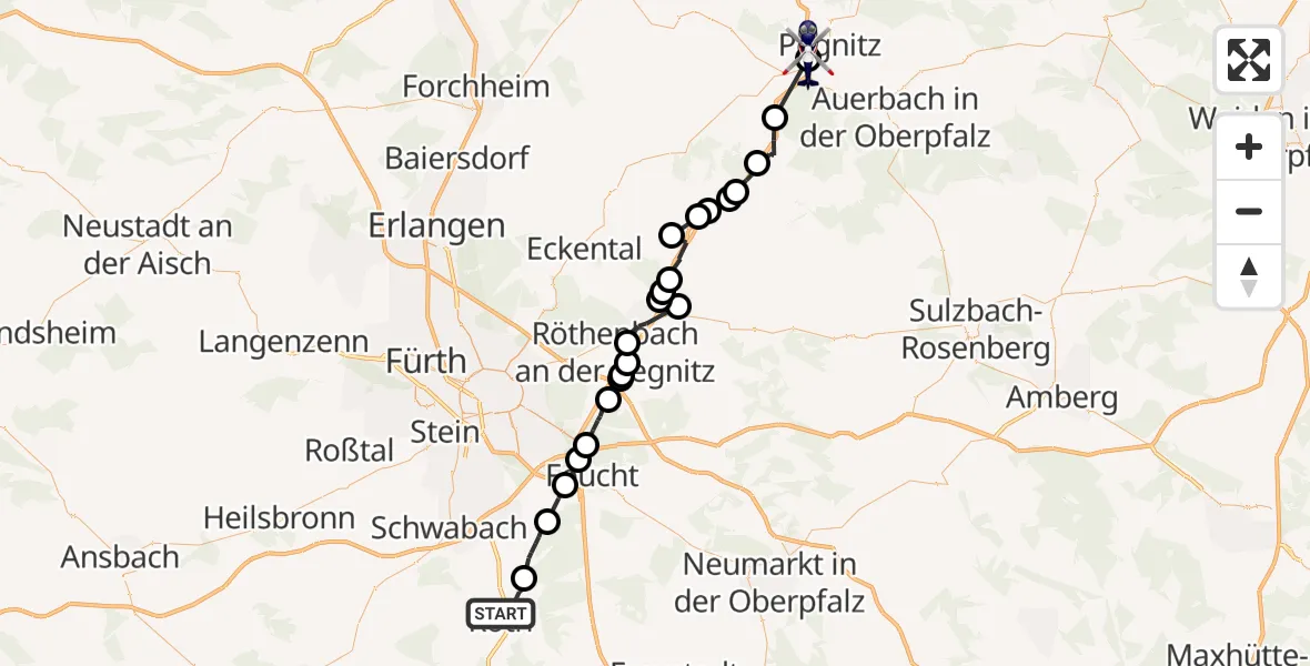 Flugroute Polizeihubschrauber Roth - Pegnitz, 25 Mai 2026, 00:35