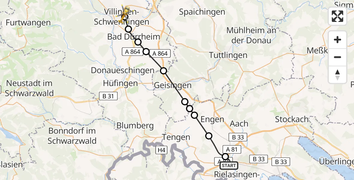 Flugroute Ambulanzhubschrauber Singen (Hohentwiel) - DRF Air Rescue Station Villingen-Schwenningen Hubschrauberlandeplatz (Christoph 11), 25 Mai 2026, 00:55