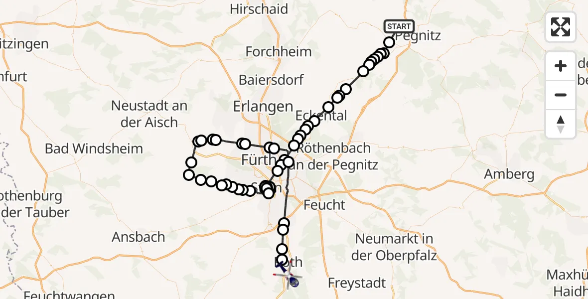 Flugroute Polizeihubschrauber Pegnitz - Roth, 25 Mai 2026, 01:00