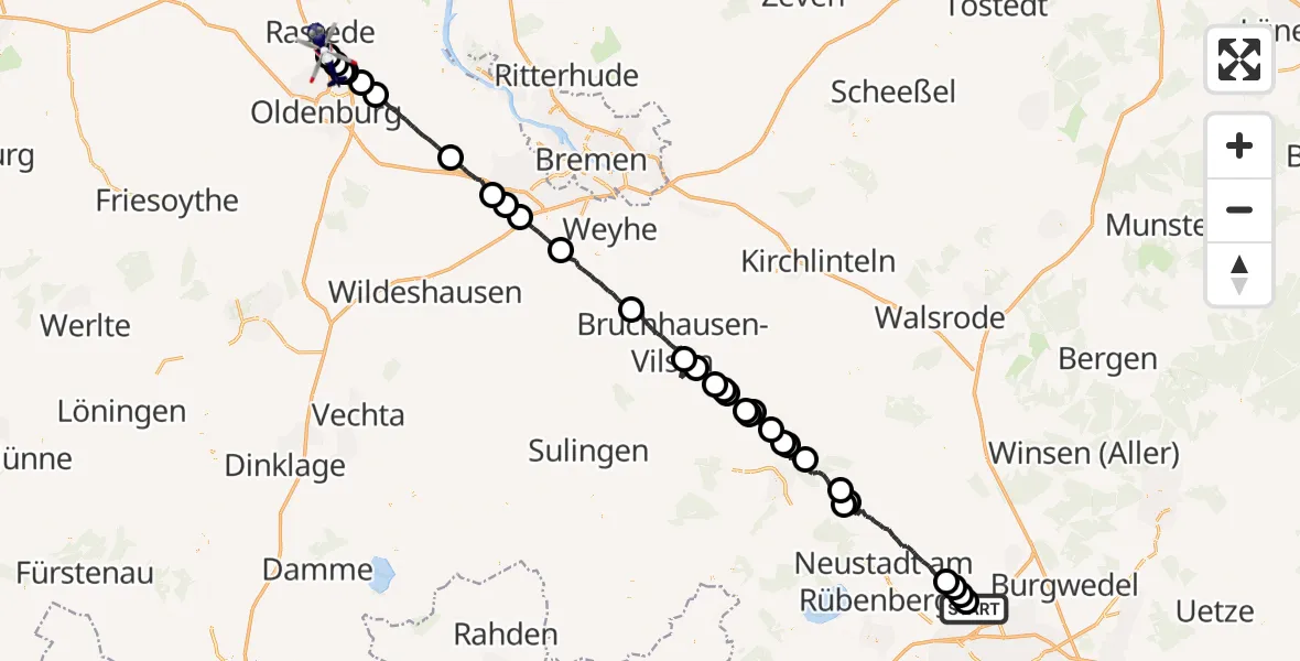 Flugroute Polizeihubschrauber Flughafen Hannover - Oldenburg Police Hubschrauberlandeplatz, 25 Mai 2026, 01:49