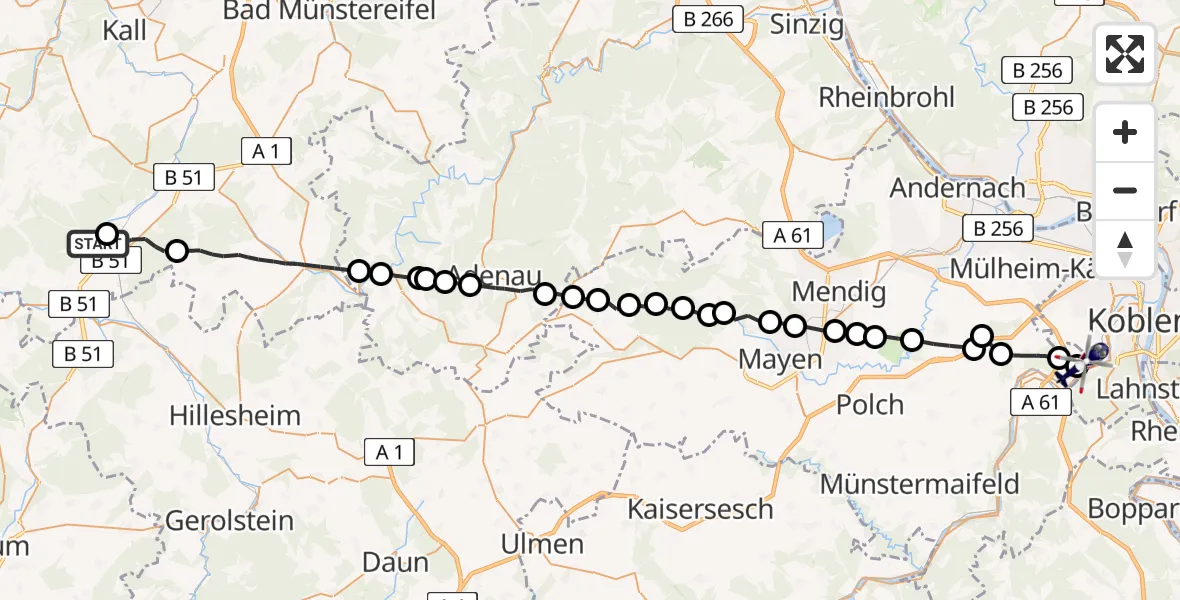 Flugroute Polizeihubschrauber Dahlemer Binz Flugplatz - Koblenz-Winningen Flugplatz, 25 Mai 2026, 02:36