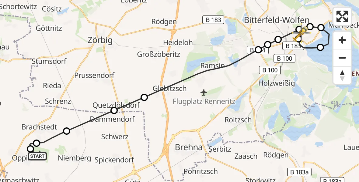 Flugroute Rettungshubschrauber Halle-Oppin Flugplatz - Bitterfield-Wolfen Health Center Hubschrauberlandeplatz, 25 Mai 2026, 05:11