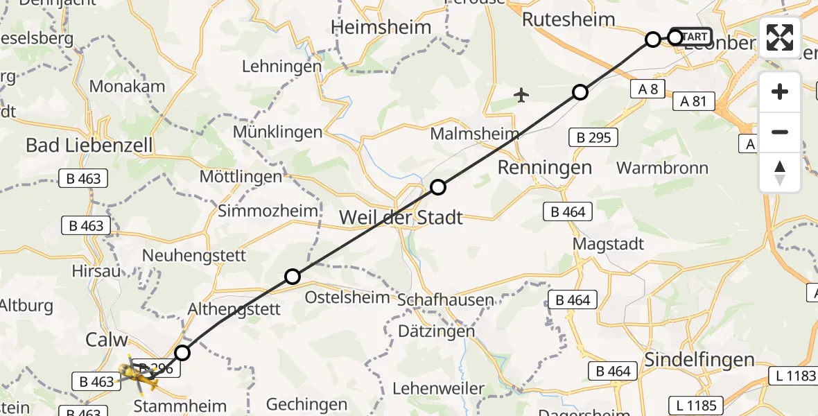 Flugroute Rettungshubschrauber Leonberg Hospital - Calw, 25 Mai 2026, 05:15