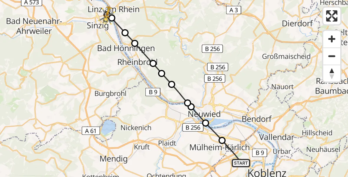 Flugroute Rettungshubschrauber Koblenz - Remagen, 25 Mai 2026, 05:29