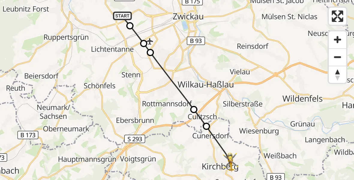 Flugroute Rettungshubschrauber ADAC Air Rescue Station Zwickau Hubschrauberlandeplatz - Kirchberg, 25 Mai 2026, 05:42