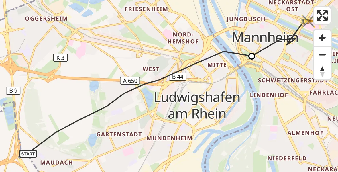 Flugroute Rettungshubschrauber Ludwigshafen am Rhein - Mannheim, 25 Mai 2026, 05:49