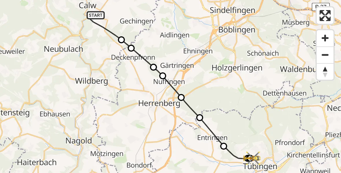 Flugroute Rettungshubschrauber Calw - Tübingen University Hospital, 25 Mai 2026, 06:04