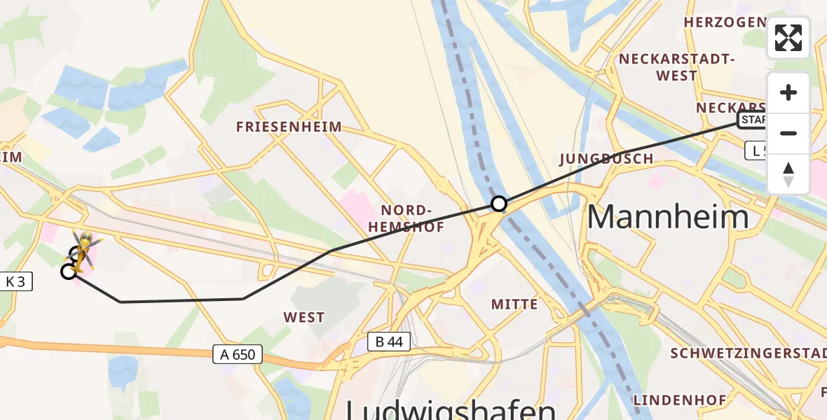 Flugroute Rettungshubschrauber Mannheim - Ludwigshafen Accident Hospital, 25 Mai 2026, 06:20