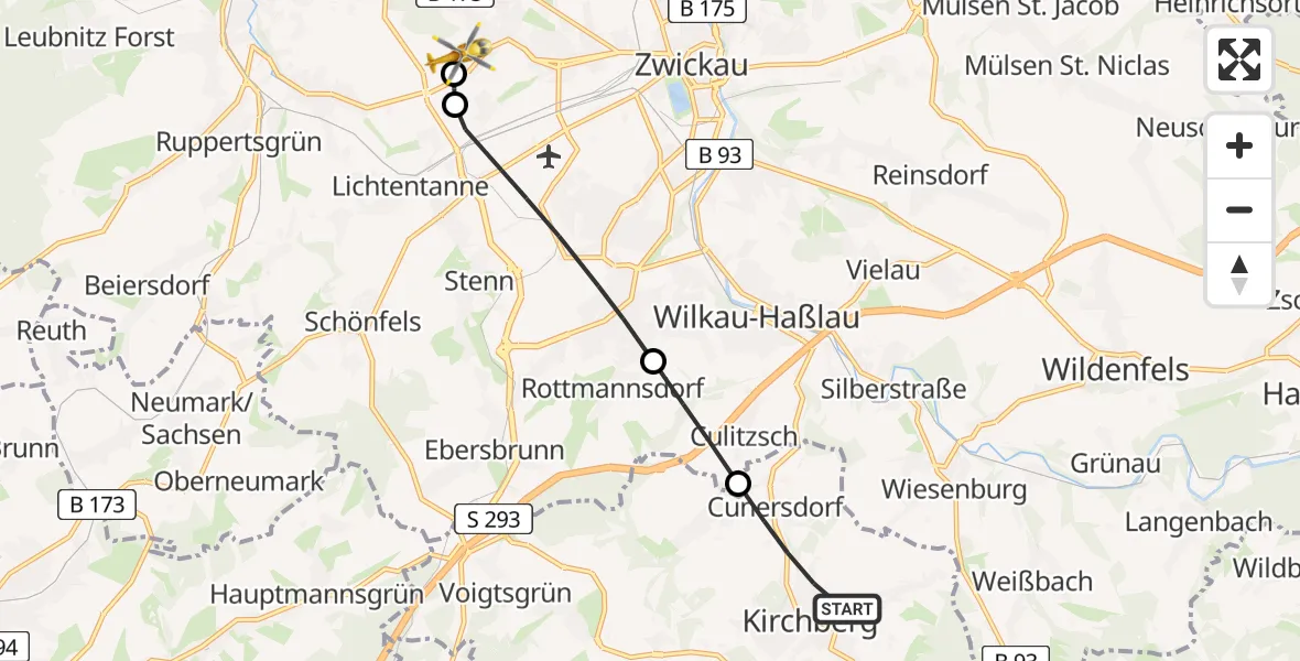 Flugroute Rettungshubschrauber Kirchberg - ADAC Air Rescue Station Zwickau Hubschrauberlandeplatz, 25 Mai 2026, 06:20