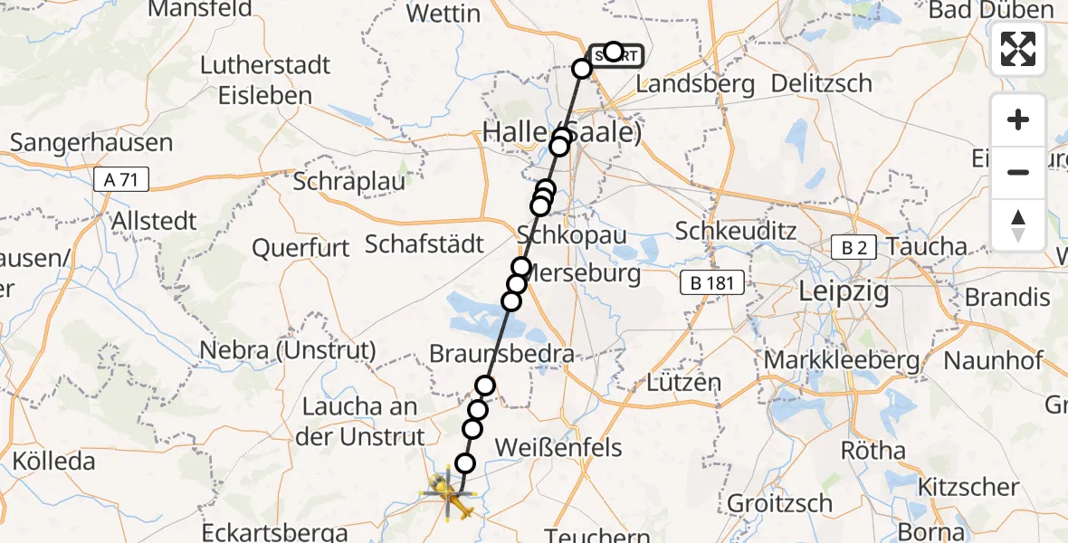 Flugroute Rettungshubschrauber Halle-Oppin Flugplatz - Naumburg (Saale), 25 Mai 2026, 06:23