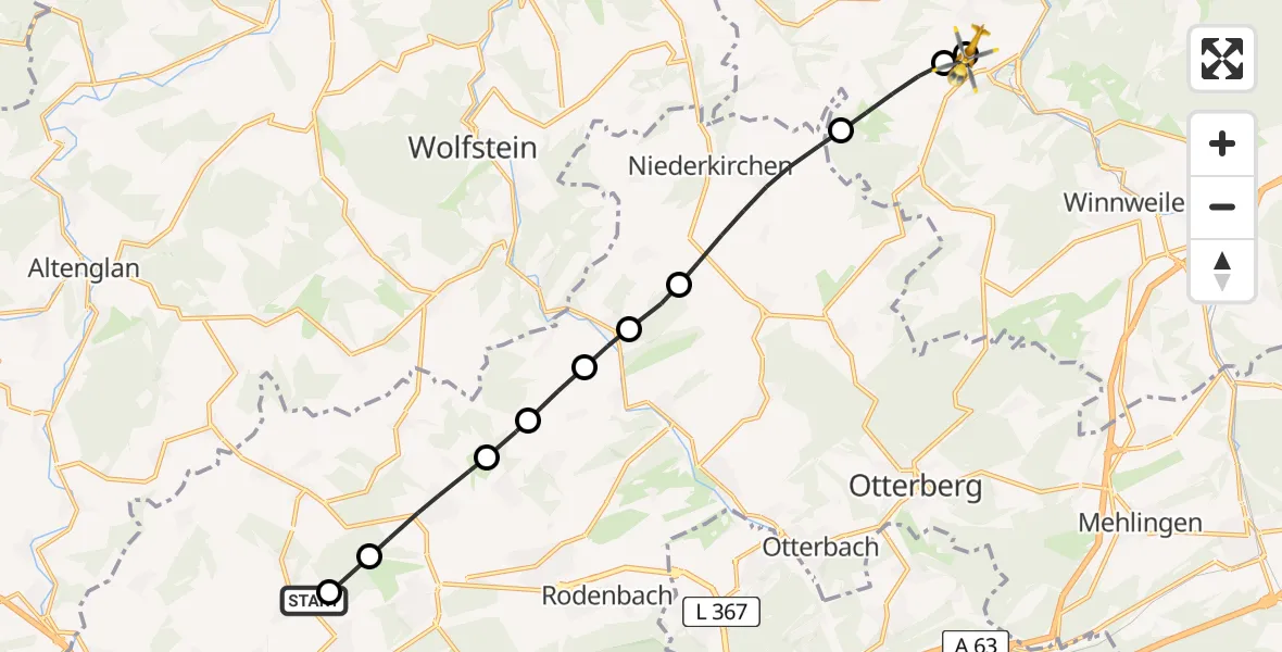 Flugroute Rettungshubschrauber Kottweiler-Schwanden - Imsweiler UL, 25 Mai 2026, 06:45