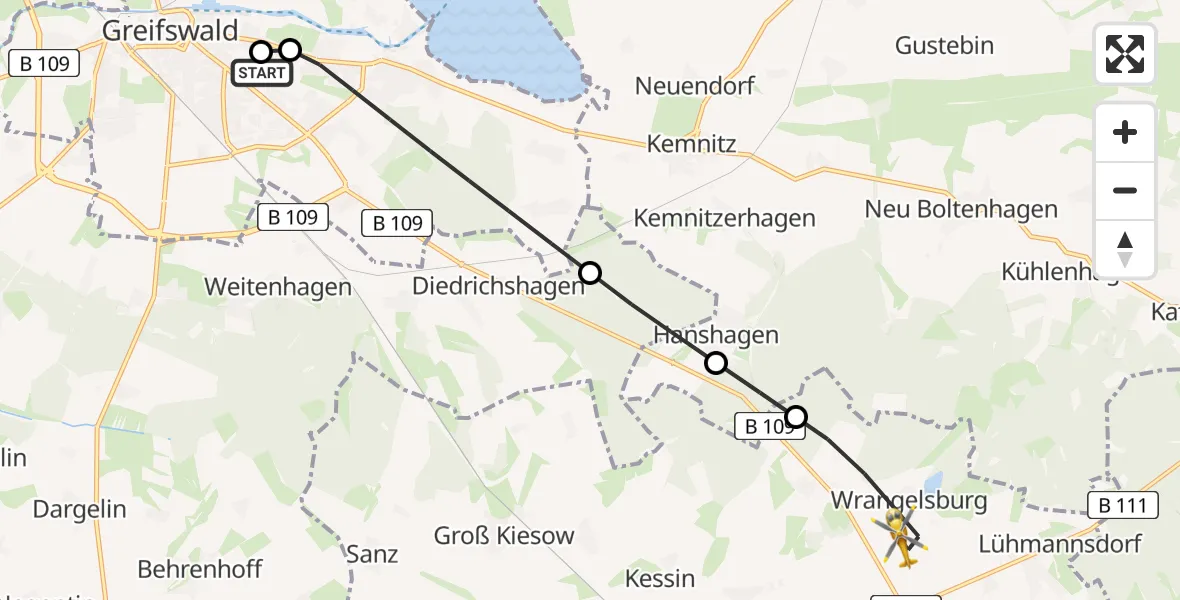 Flugroute Rettungshubschrauber Greifswald Hospital - Wrangelsburg, 25 Mai 2026, 06:47