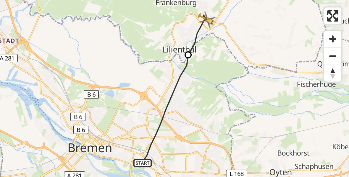 Flugroute Rettungshubschrauber Bremen - Lilienthal, 25 Mai 2026, 06:47