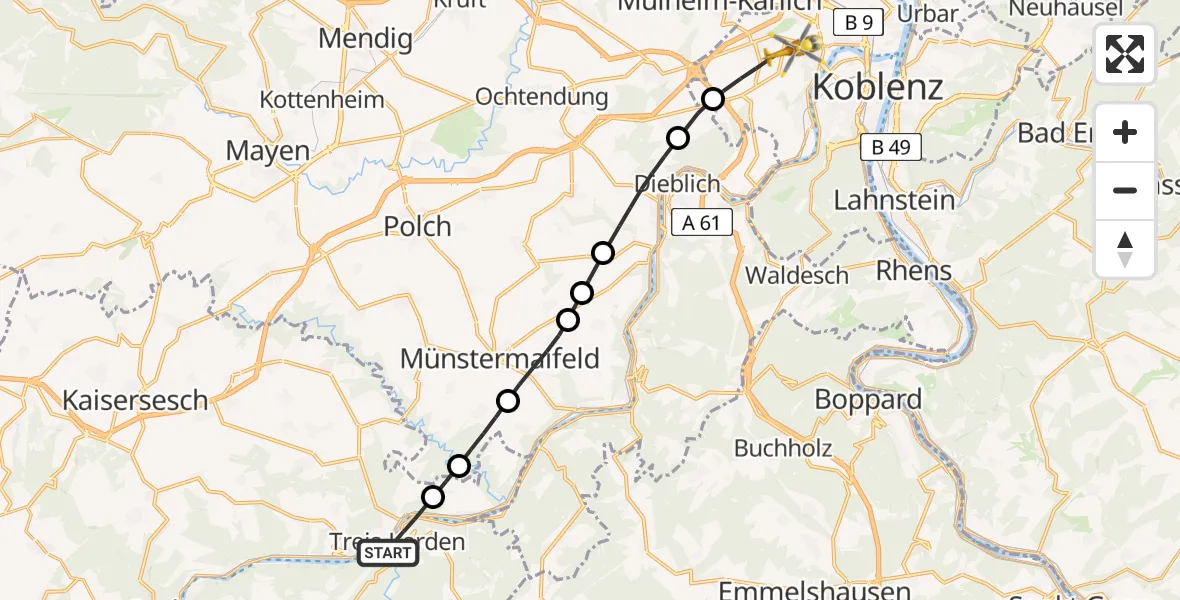 Flugroute Rettungshubschrauber Treis-Karden - Koblenz, 25 Mai 2026, 06:53