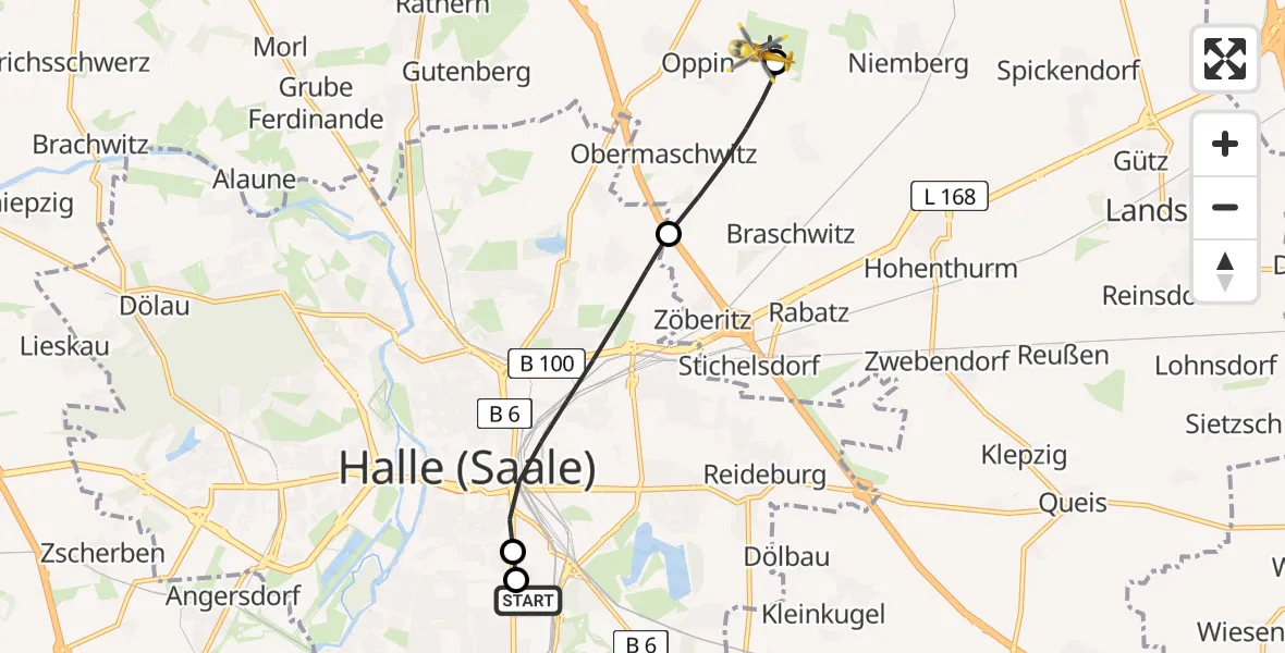 Flugroute Rettungshubschrauber BG Hospital Bergmannstrost Halle - Halle-Oppin Flugplatz, 25 Mai 2026, 07:01