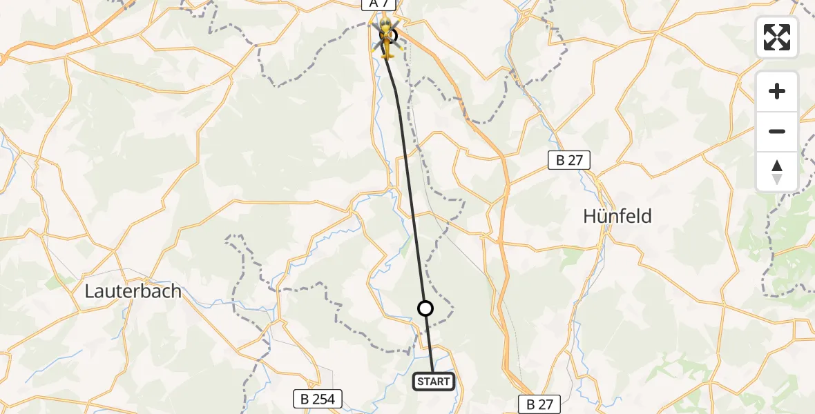 Flugroute Rettungshubschrauber Fulda - Schlitz, 25 Mai 2026, 07:09