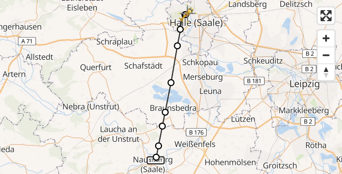 Flugroute Rettungshubschrauber Naumburg Hospital - Halle (Saale) University Hospital, 25 Mai 2026, 07:18