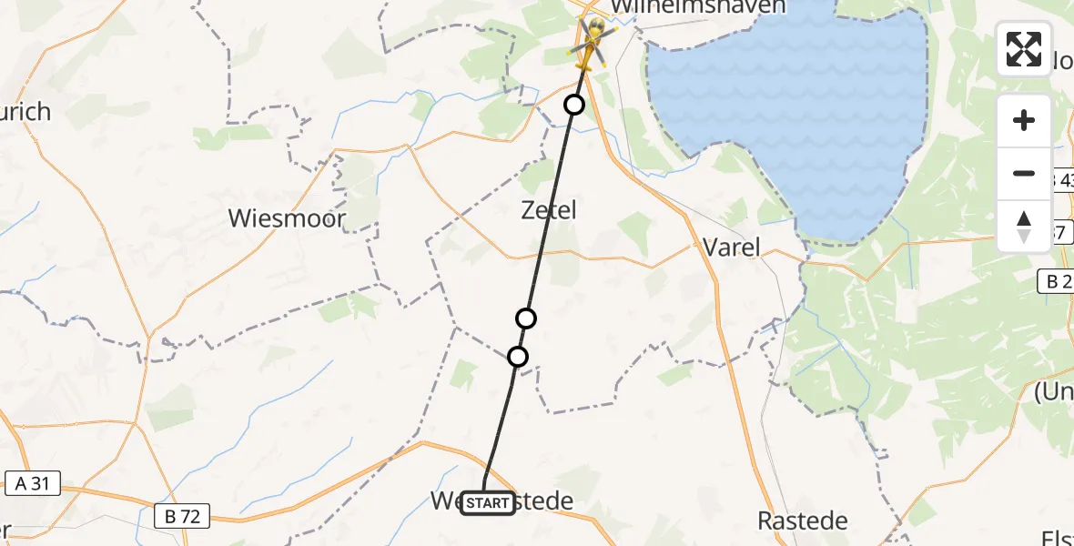 Flugroute Rettungshubschrauber Westerstede - Sande, 25 Mai 2026, 07:34