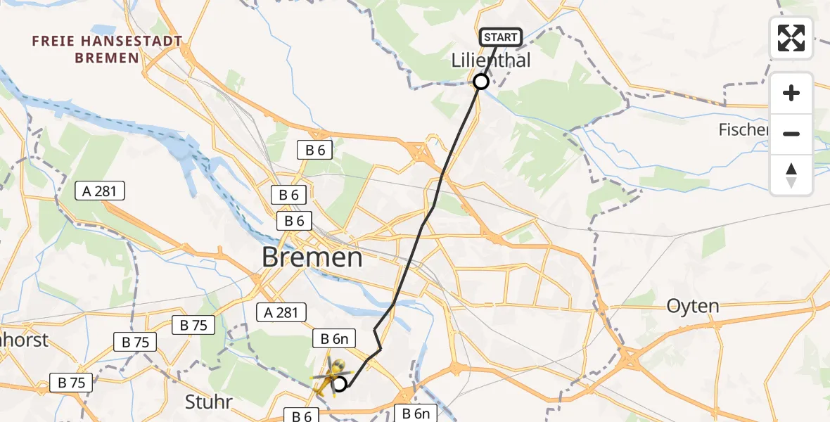 Flugroute Rettungshubschrauber Lilienthal - ADAC Air Rescue Station Bremen Hubschrauberlandeplatz (Christoph 6), 25 Mai 2026, 07:40
