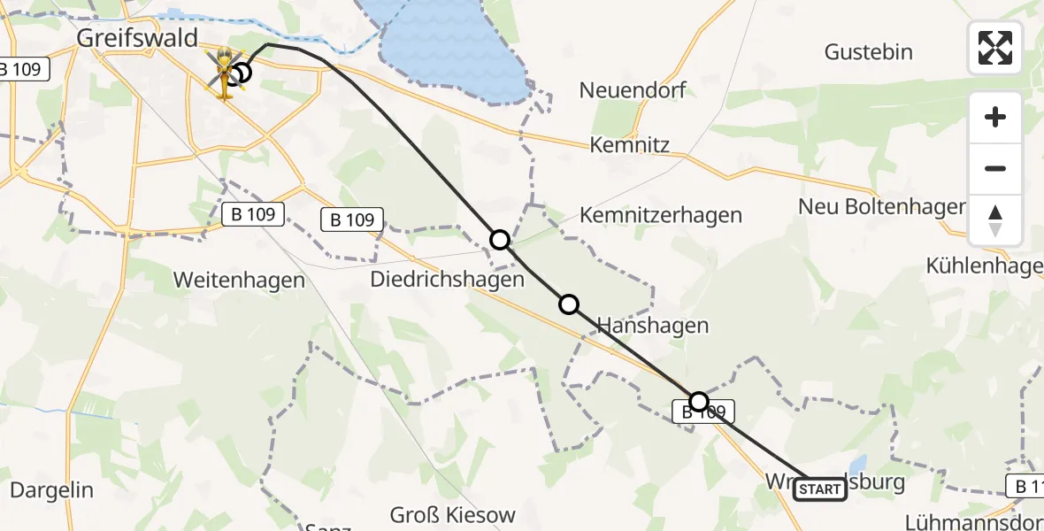 Flugroute Rettungshubschrauber Wrangelsburg - Greifswald Hospital, 25 Mai 2026, 07:41