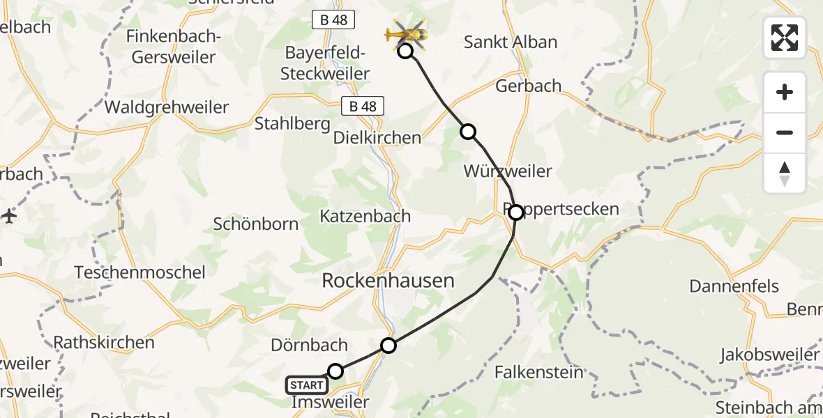 Flugroute Rettungshubschrauber Imsweiler UL - Bayerfeld-Steckweiler, 25 Mai 2026, 07:41