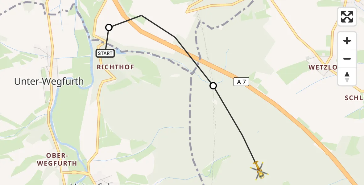 Flugroute Rettungshubschrauber Schlitz - Haunetal, 25 Mai 2026, 07:47