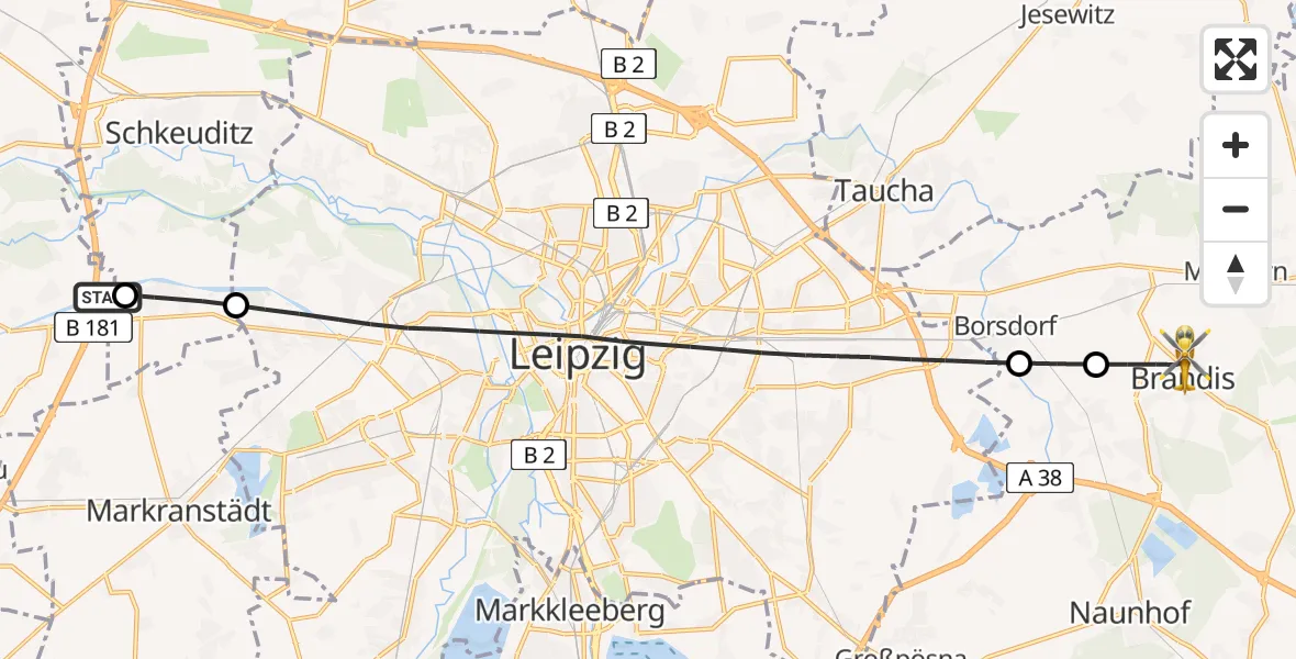 Flugroute Rettungshubschrauber ADAC Air Rescue Station Leipzig/Schkeuditz-Dölzig Hubschrauberlandeplatz (Christoph 61) - Brandis, 25 Mai 2026, 07:50