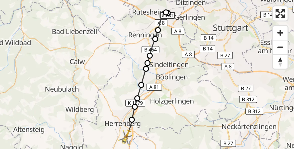 Flugroute Rettungshubschrauber Leonberg Hospital - Herrenberg, 25 Mai 2026, 07:51