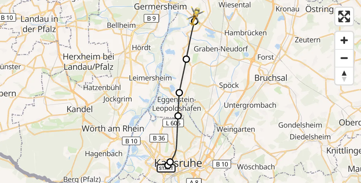 Flugroute Rettungshubschrauber Sankt Vincentius Hospital - Philippsburg, 25 Mai 2026, 07:52