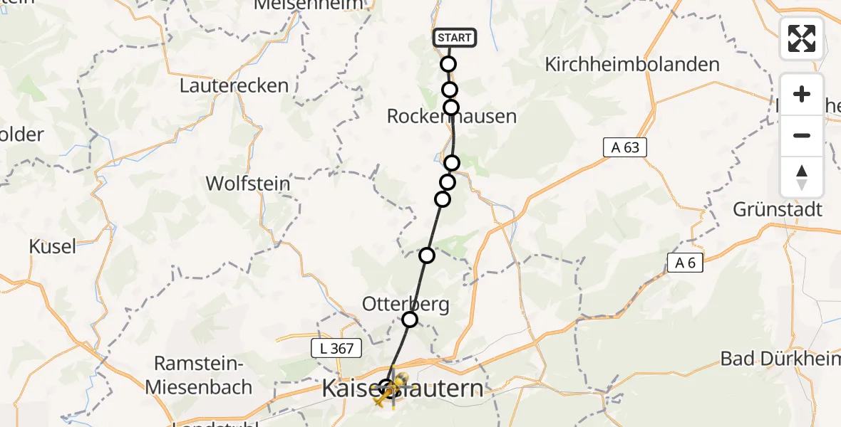 Flugroute Rettungshubschrauber Bayerfeld-Steckweiler - Westpfalz Hospital Kaiserslautern, 25 Mai 2026, 08:00