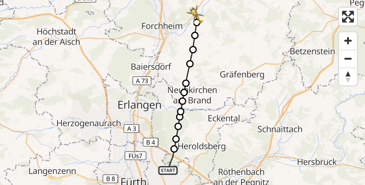 Flugroute Ambulanzhubschrauber Flughafen Nuremberg - Kirchehrenbach, 25 Mai 2026, 08:06