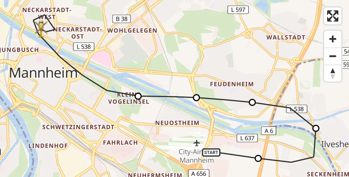 Flugroute Rettungshubschrauber Mannheim-City Flughafen - Mannheim, 25 Mai 2026, 08:06