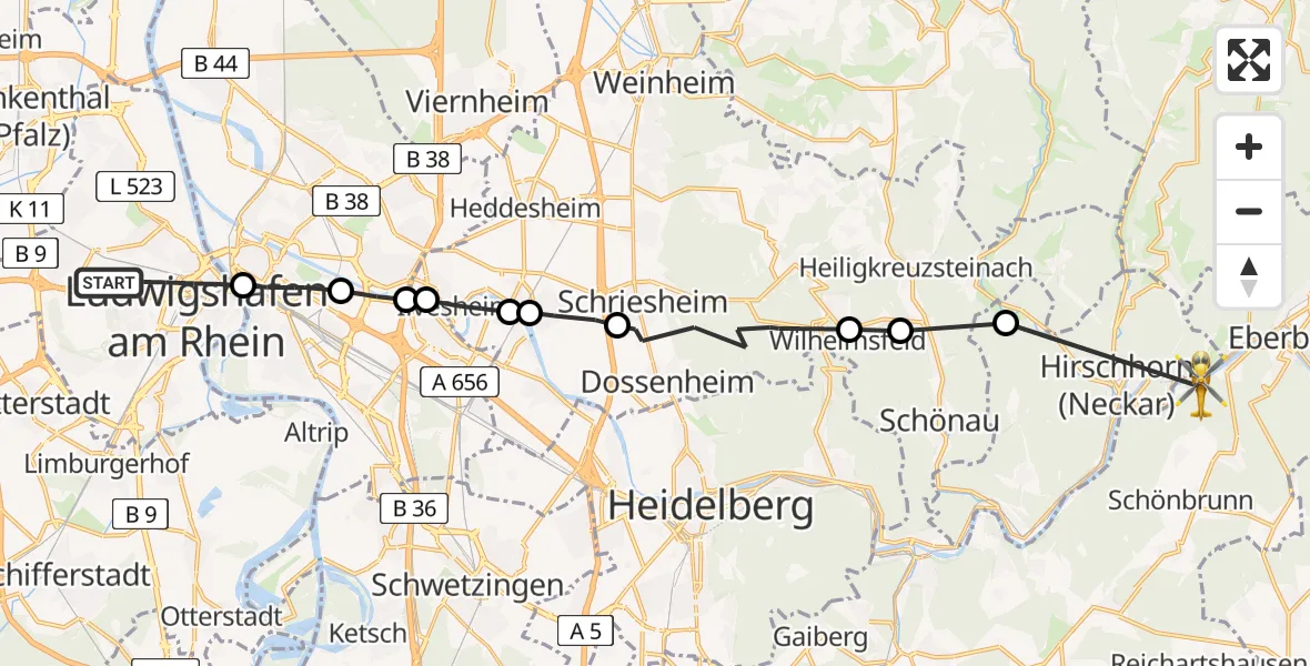 Flugroute Rettungshubschrauber Ludwigshafen am Rhein - Schönbrunn, 25 Mai 2026, 08:07