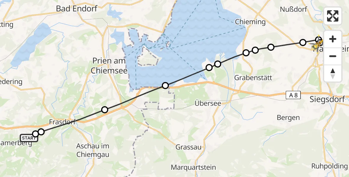 Flugroute Rettungshubschrauber Samerberg - Traunstein Hospital, 25 Mai 2026, 08:11