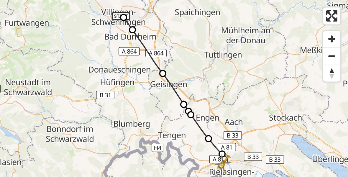 Flugroute Ambulanzhubschrauber DRF Air Rescue Station Villingen-Schwenningen Hubschrauberlandeplatz (Christoph 11) - Singen (Hohentwiel), 25 Mai 2026, 08:15