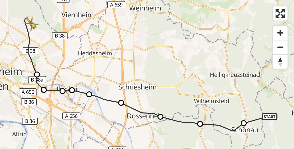 Flugroute Rettungshubschrauber Neckarsteinach - Mannheim, 25 Mai 2026, 08:21