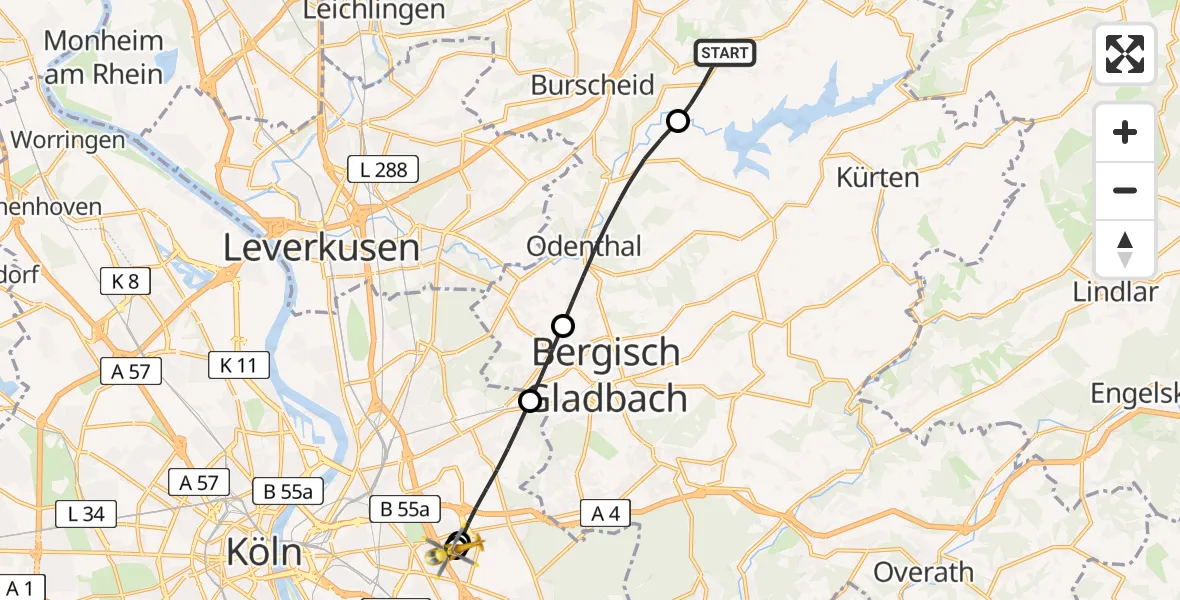 Flugroute Rettungshubschrauber Wermelskirchen - Merheim Hospital, 25 Mai 2026, 08:25